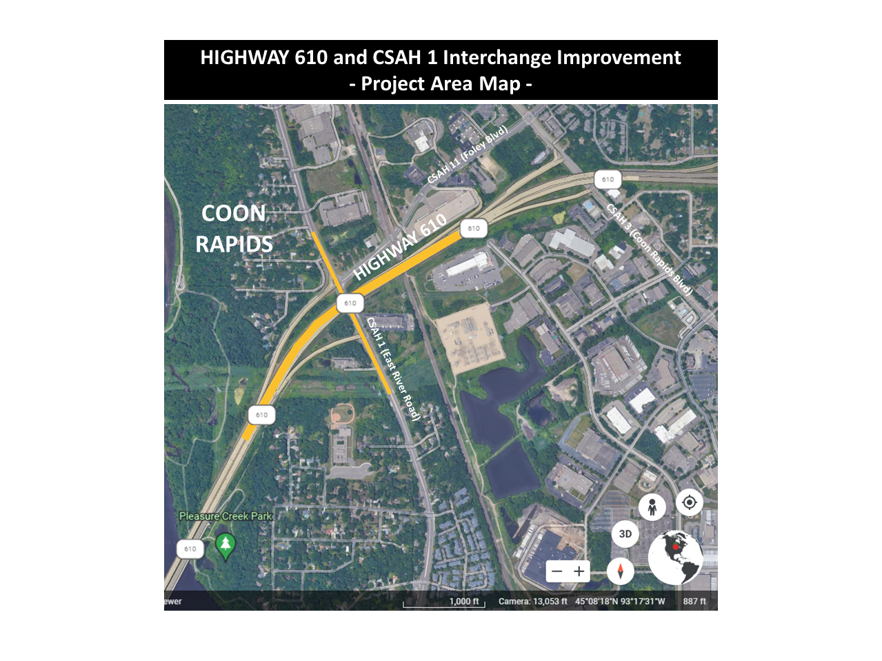 Aerial map of Highway 610 at East River Road.