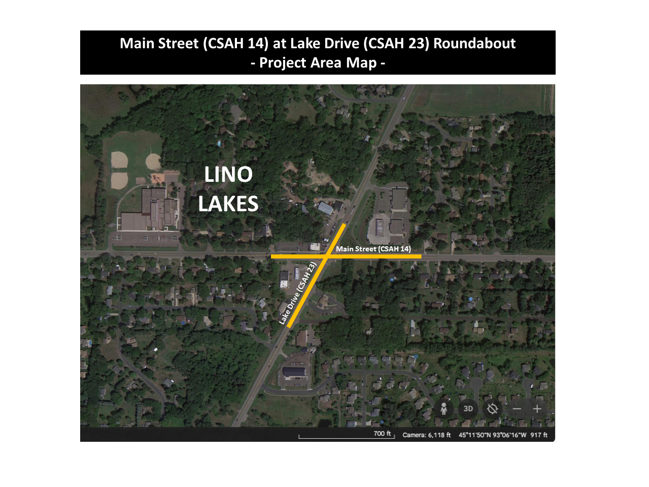 Aerial map of the intersection of Main Street and Lake Drive.