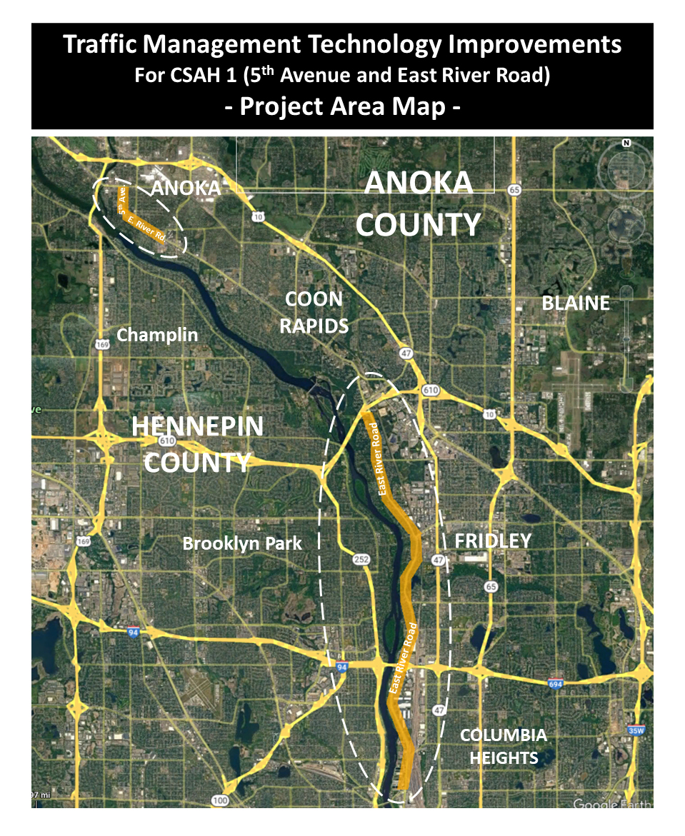 Aerial map of Traffic/Signal Management Improvements in Anoka County.
